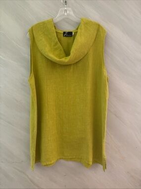 Fenini L ChartreuseGreen 100% Linen Cowl Neck Sleeveless Tunic Top USA Lagenlook